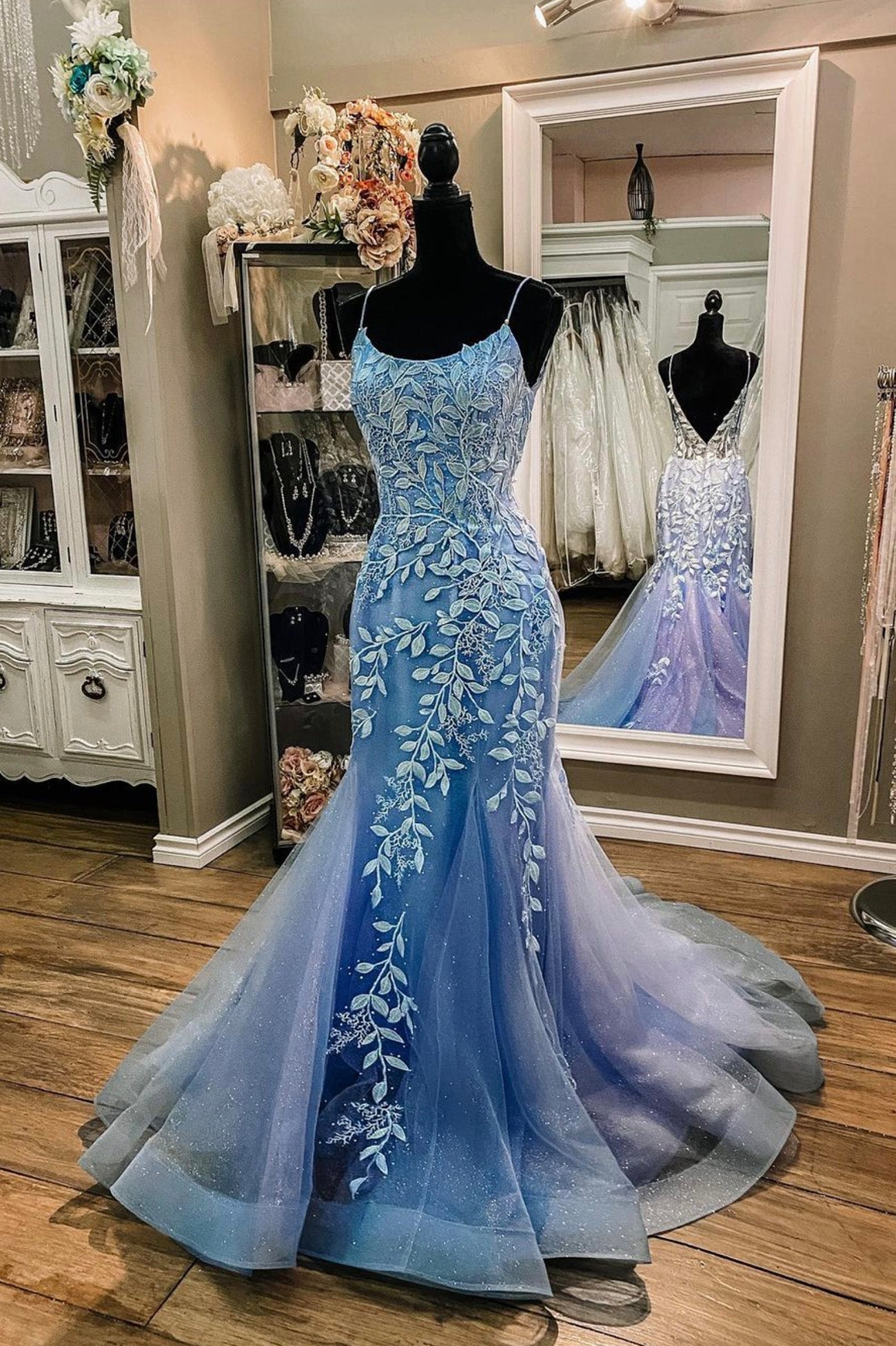 solvbao Blue Tulle Lace Long Mermaid Formal Dresses, Blue Evening Dresses