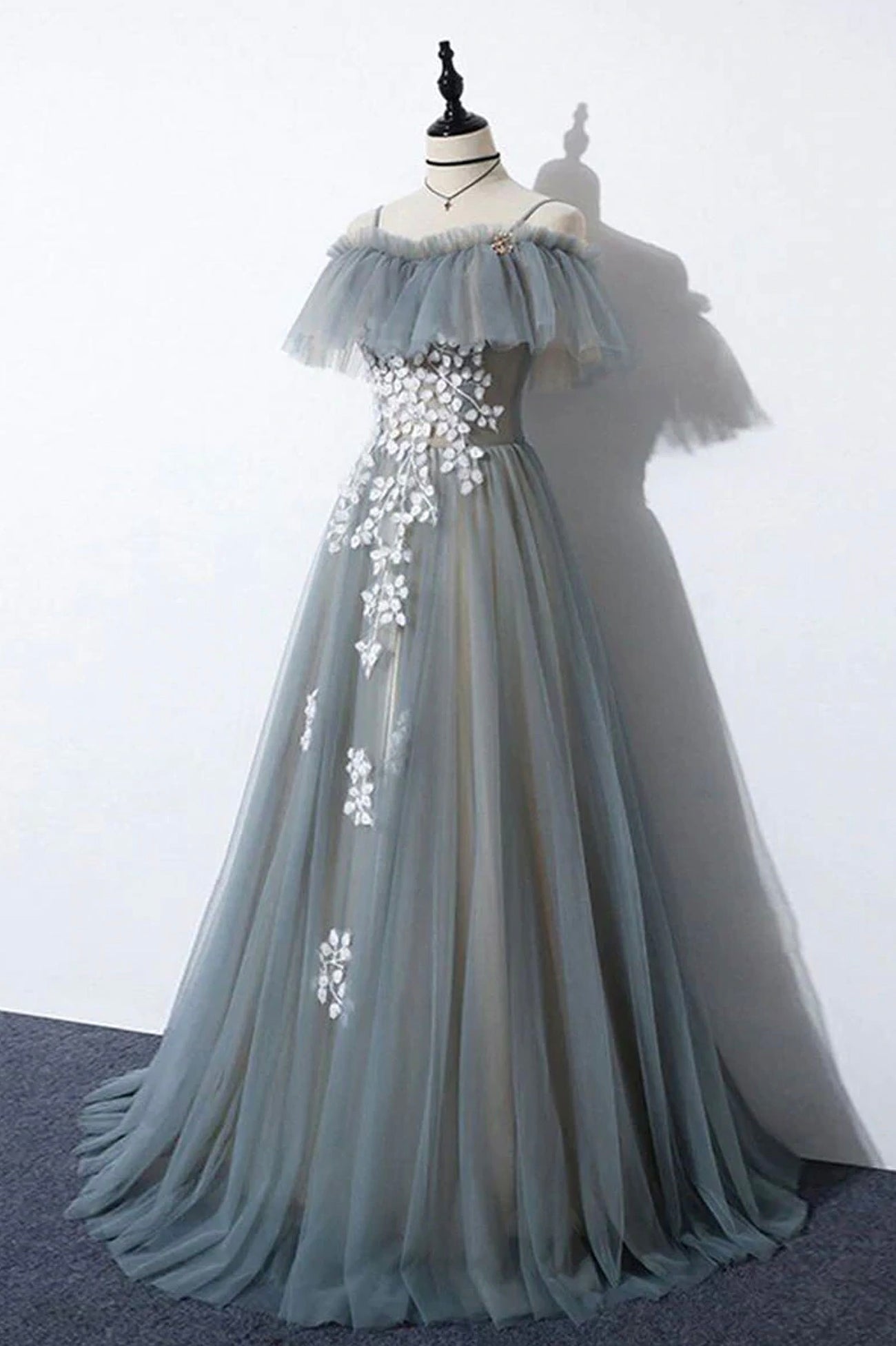 solvbao Gray Tulle Lace Long Prom Dress, A-Line Evening Dress