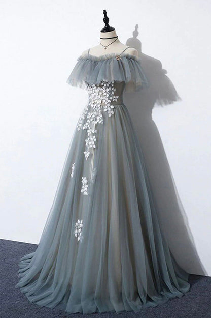 solvbao Gray Tulle Lace Long Prom Dress, A-Line Evening Dress