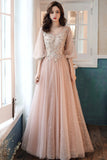 solvbao Pink Tulle Lace Long Prom Dresses, A-Line Long Sleeve Evening Dresses