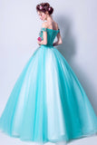 solvbao Blue Tulle Lace Long Prom Dresses, A-Line Off the Shoulder Evening Dresses