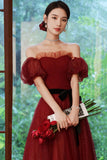 solvbao Burgundy Tulle Off the Shoulder Prom Dress, A-Line Evening Party Dress