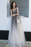 solvbao Gray Tulle Long Prom Dress, A-Line Backless Evening Dress