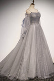 solvbao Gray Tulle Sequins Long Prom Dress, Long Sleeve Evening Dress