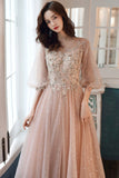 solvbao Pink Tulle Lace Long Prom Dresses, A-Line Long Sleeve Evening Dresses