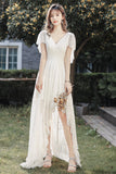 solvbao White V-Neck Lace High Low Prom Dress, White Evening Dress