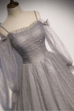 solvbao Gray Tulle Sequins Long Prom Dress, Long Sleeve Evening Dress