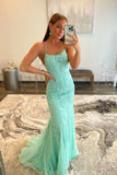 solvbao Green Tulle Lace Long Prom Dress, Green Backless Evening Dress