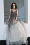 solvbao Gray Tulle Long Prom Dress, A-Line Backless Evening Dress