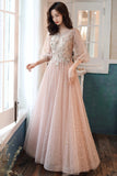 solvbao Pink Tulle Lace Long Prom Dresses, A-Line Long Sleeve Evening Dresses