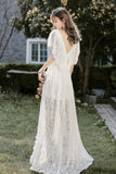 solvbao White V-Neck Lace High Low Prom Dress, White Evening Dress