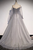 solvbao Gray Tulle Sequins Long Prom Dress, Long Sleeve Evening Dress