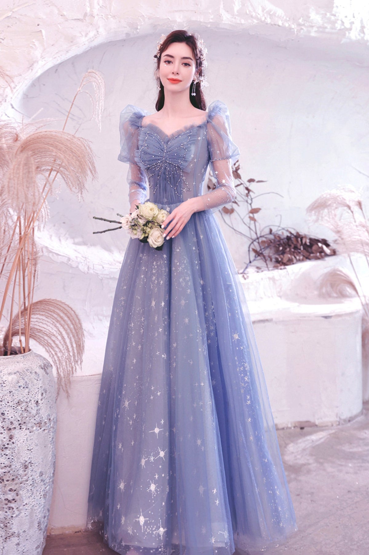 solvbao Blue Tulle Beading Long A-Line Prom Dresses, Blue Long Sleeve Evening Dresses