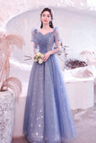 solvbao Blue Tulle Beading Long A-Line Prom Dresses, Blue Long Sleeve Evening Dresses