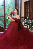 solvbao Burgundy Tulle Off the Shoulder Prom Dress, A-Line Evening Party Dress