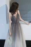 solvbao Gray Tulle Long Prom Dress, A-Line Backless Evening Dress