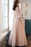 solvbao Pink Tulle Lace Long Prom Dresses, A-Line Long Sleeve Evening Dresses