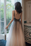 solvbao Gray Tulle Long Prom Dress, A-Line Backless Evening Dress