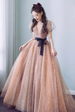 solvbao Cute Tulle Long Prom Dress, A-Line Short Sleeve Evening Party Dress