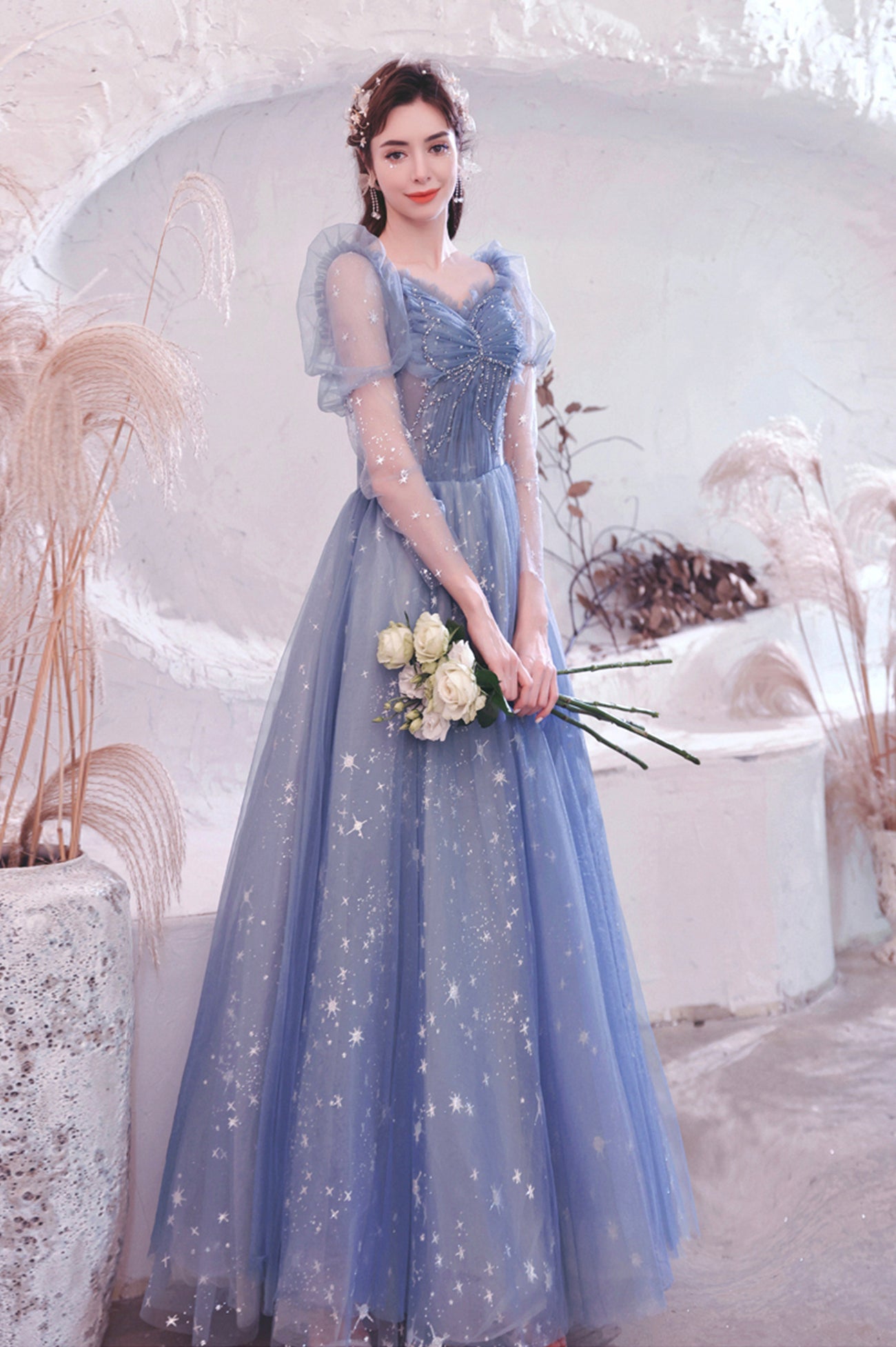 solvbao Blue Tulle Beading Long A-Line Prom Dresses, Blue Long Sleeve Evening Dresses