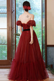 solvbao Burgundy Tulle Off the Shoulder Prom Dress, A-Line Evening Party Dress