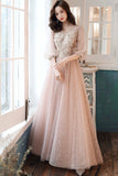 solvbao Pink Tulle Lace Long Prom Dresses, A-Line Long Sleeve Evening Dresses