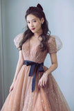 solvbao Cute Tulle Long Prom Dress, A-Line Short Sleeve Evening Party Dress