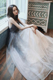 solvbao Gray Tulle Long Prom Dress, A-Line Backless Evening Dress