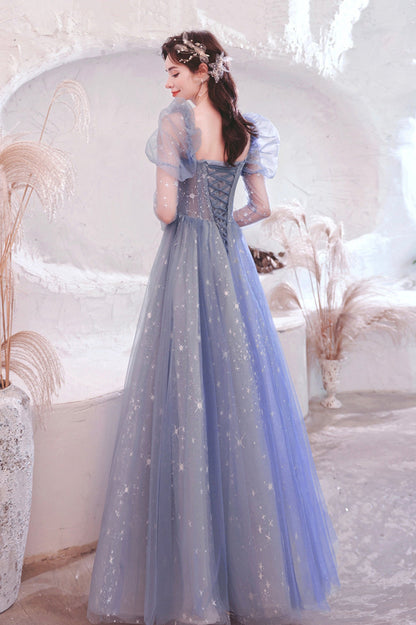 solvbao Blue Tulle Beading Long A-Line Prom Dresses, Blue Long Sleeve Evening Dresses