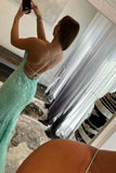 solvbao Green Tulle Lace Long Prom Dress, Green Backless Evening Dress