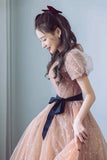 solvbao Cute Tulle Long Prom Dress, A-Line Short Sleeve Evening Party Dress