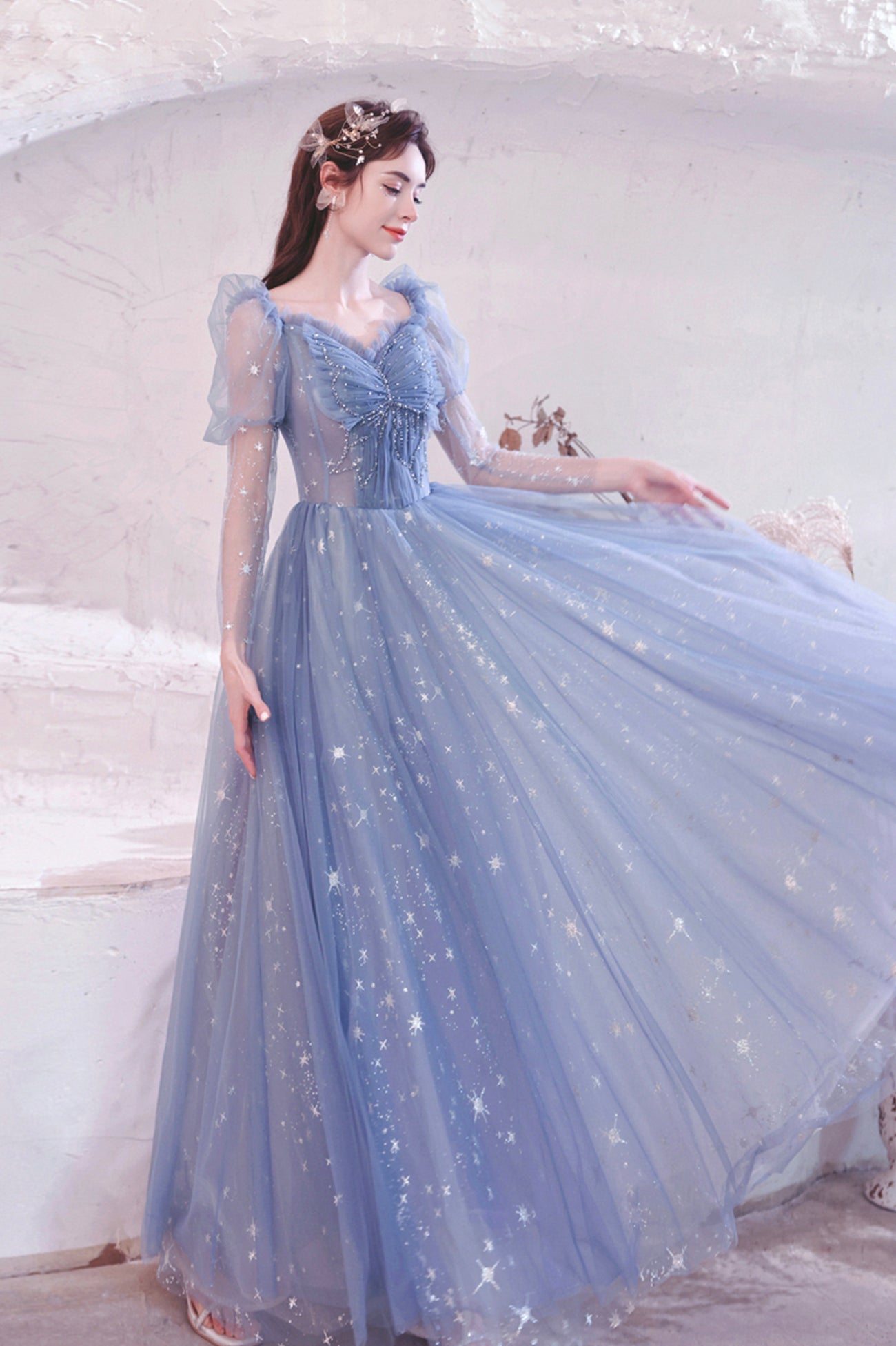 solvbao Blue Tulle Beading Long A-Line Prom Dresses, Blue Long Sleeve Evening Dresses