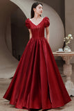 solvbao Red V-Neck Satin Long Prom Dress, A-Line Evening Dress