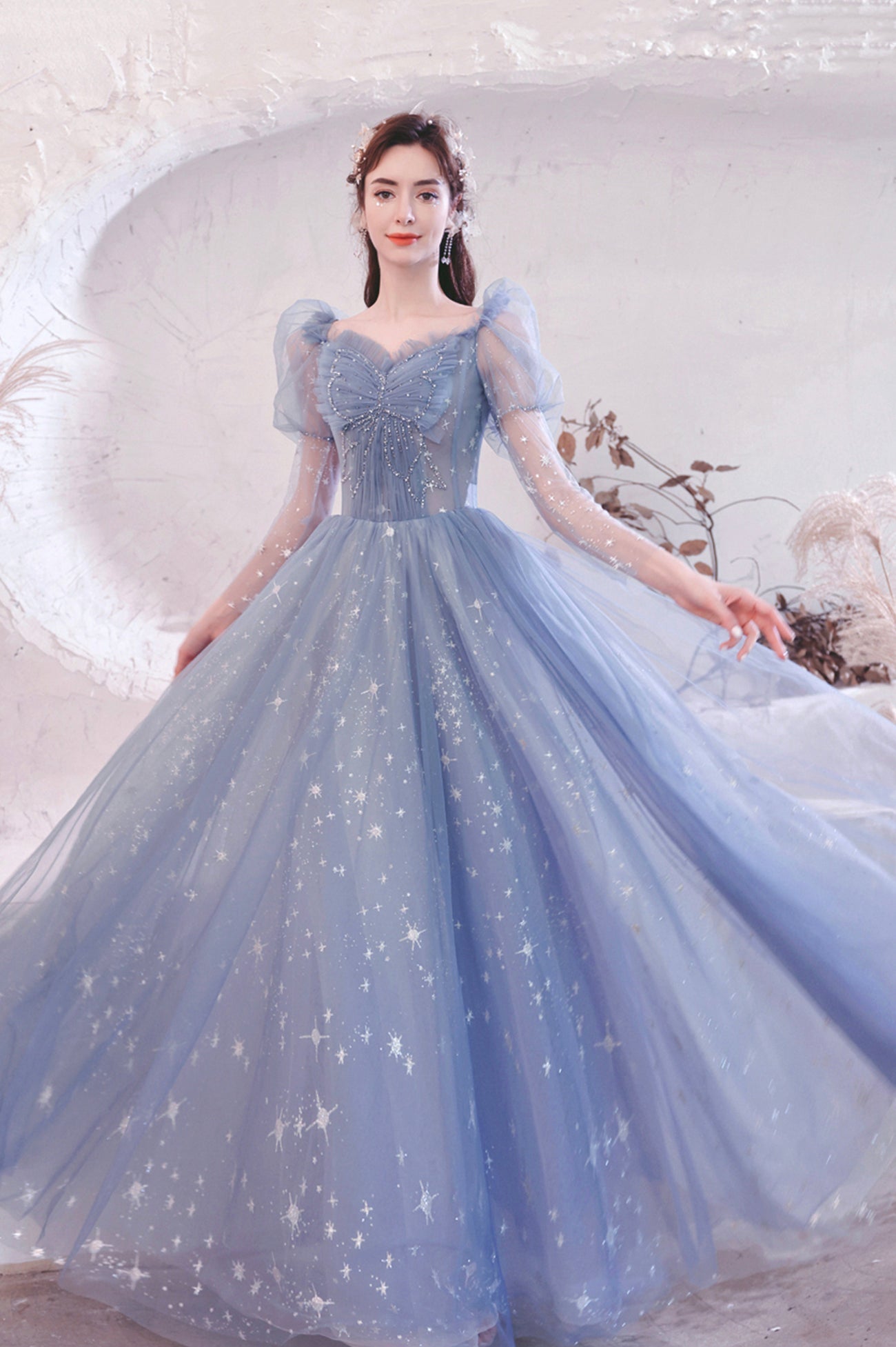 solvbao Blue Tulle Beading Long A-Line Prom Dresses, Blue Long Sleeve Evening Dresses