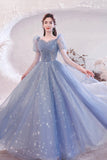 solvbao Blue Tulle Beading Long A-Line Prom Dresses, Blue Long Sleeve Evening Dresses