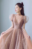 solvbao Cute Tulle Long Prom Dress, A-Line Short Sleeve Evening Party Dress