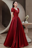 solvbao Red V-Neck Satin Long Prom Dress, A-Line Evening Dress