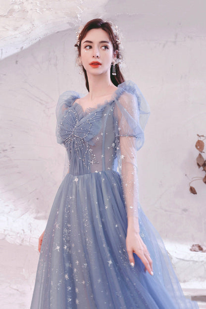 solvbao Blue Tulle Beading Long A-Line Prom Dresses, Blue Long Sleeve Evening Dresses