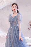 solvbao Blue Tulle Beading Long A-Line Prom Dresses, Blue Long Sleeve Evening Dresses