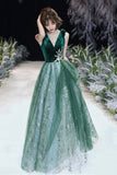 solvbao Green Velvet Tulle Long Prom Dresses, V-Neck Green Evening Dresses