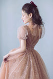 solvbao Cute Tulle Long Prom Dress, A-Line Short Sleeve Evening Party Dress