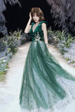 solvbao Green Velvet Tulle Long Prom Dresses, V-Neck Green Evening Dresses