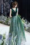 solvbao Green Velvet Tulle Long Prom Dresses, V-Neck Green Evening Dresses