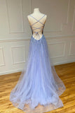 solvbao Stylish Tulle Pearl Long Prom Dresses,  A-Line Backless Evening Party Dresses