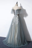 solvbao Gray Tulle Lace Long Prom Dress, A-Line Evening Dress