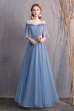 solvbao Blue Tulle Long Prom Dresses, A-Line Bridesmaid Dresses