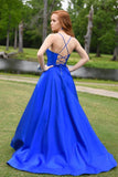 solvbao Blue Satin Long A-Line Prom Dress, V-Neck Evening Party Dress