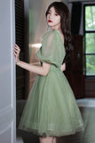 solvbao Green Tulle Short Prom Dress, Green A-Line Short Sleeve Party Dress