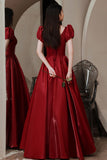 solvbao Red V-Neck Satin Long Prom Dress, A-Line Evening Dress