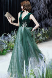 solvbao Green Velvet Tulle Long Prom Dresses, V-Neck Green Evening Dresses